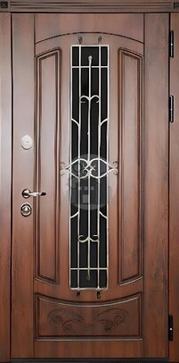 входная дверь со стеклом и ковкой, с отделкой коричневым виноритом-ДВ-1698